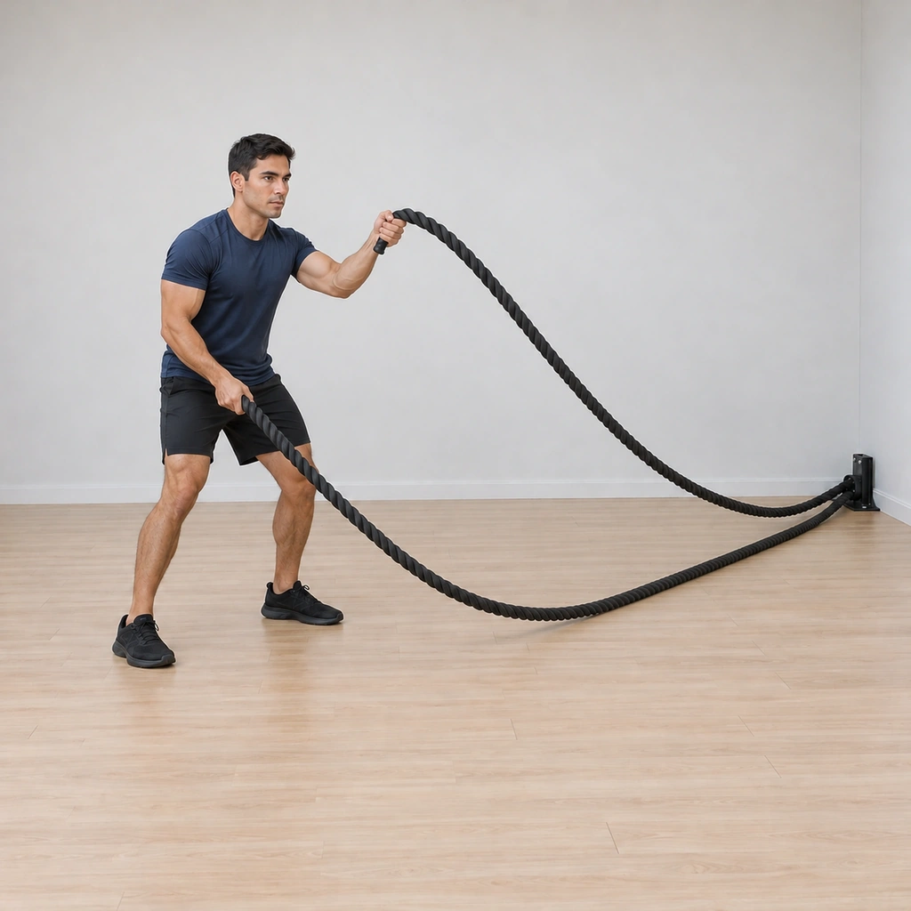 He is mid-flurry: his left fist now punched upward driving the left rope up while the right fist recoils low, the alternating punches rapid, his stance still forward and braced.