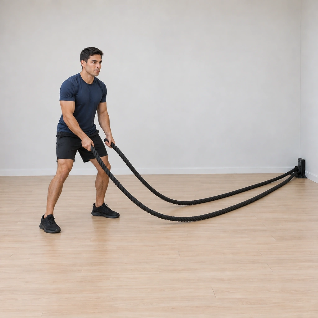 He has settled: both ropes dropped back toward the floor, fists returned to hip height, stance still forward and braced - before the next repetition.