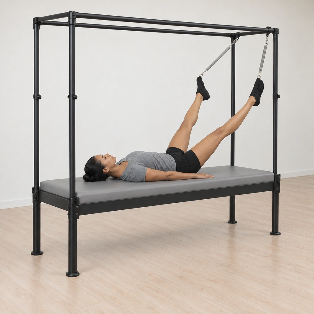 Her straight legs open to about hips distance against the loaded springs, the diagonal held.