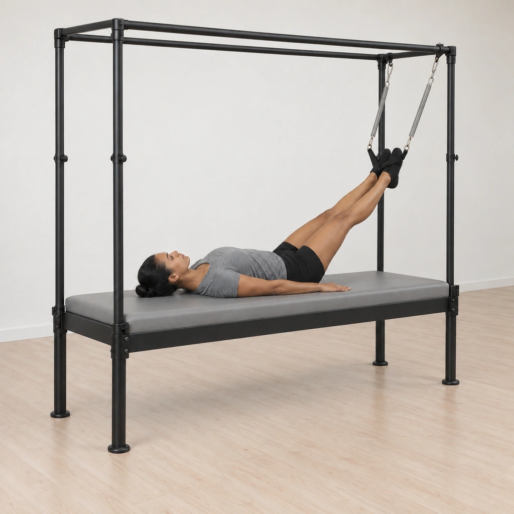 Her legs hold at a lowered height on the springs, set for the second round of eight beats, her heels still together.