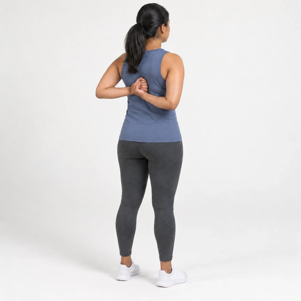 The same woman standing with her back toward the camera, her left hand having slid her right hand higher up her back, toward her lower shoulder blade.
