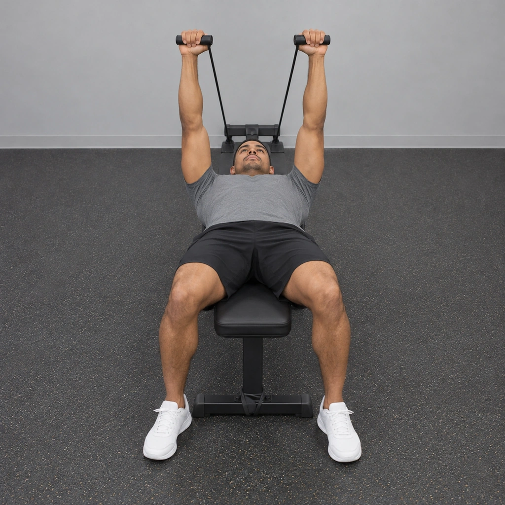 A man lying on a bench, both arms fully extended straight up above his chest, gripping a band handle in each hand.