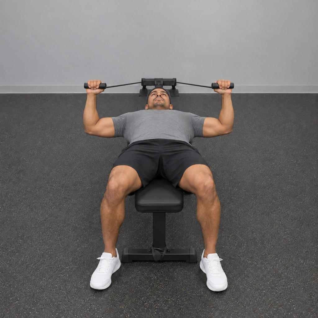 The same man, both elbows now bent to a right angle, handles lowered from the fully extended position.