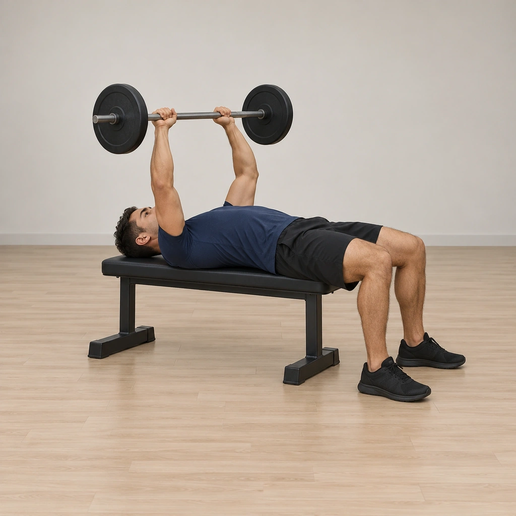 He lies supine on the flat bench holding the barbell above his chest with a shoulder-width grip, elbows bent at a fixed angle.