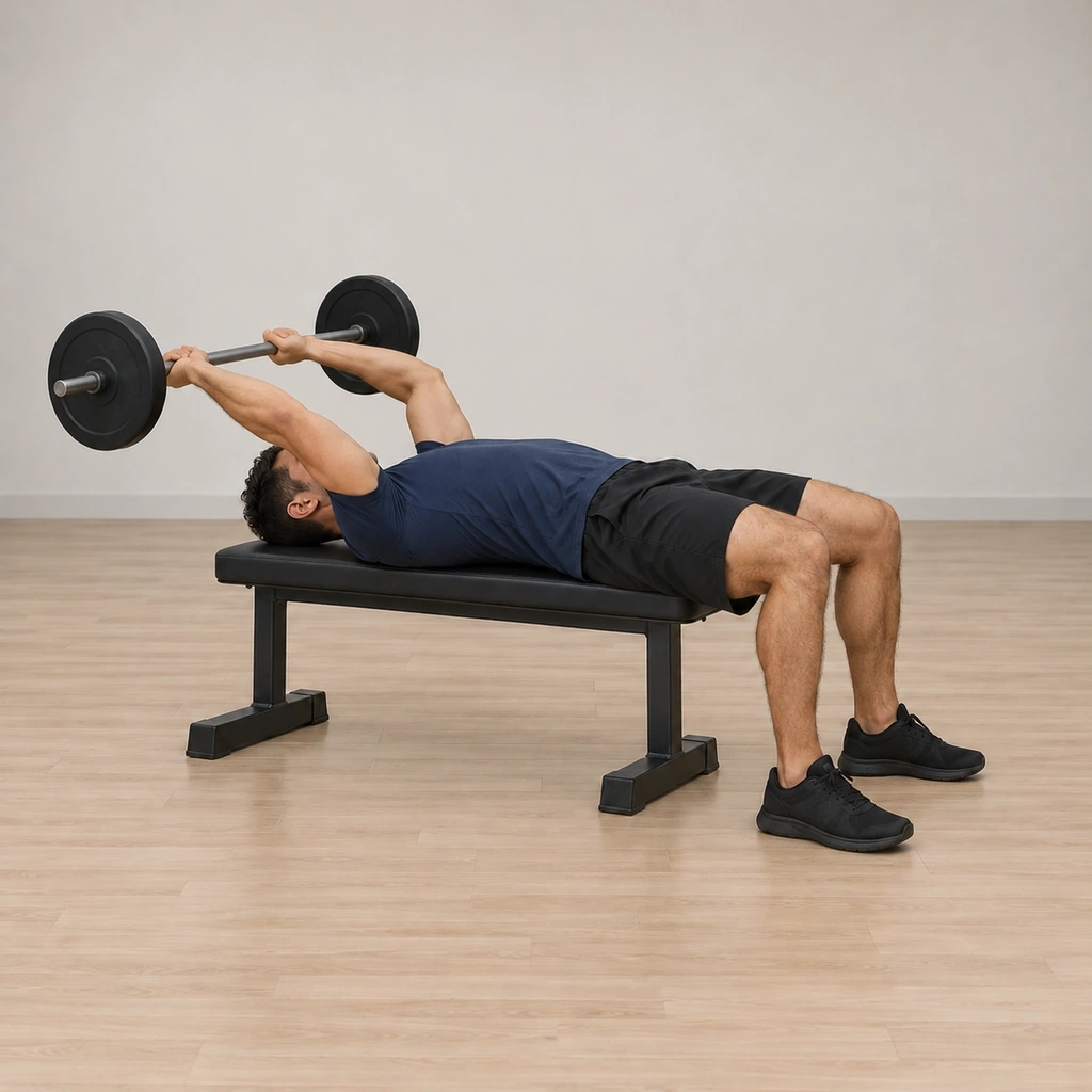 He sweeps the barbell in an arc back over his head, elbows holding their fixed bend, the bar travelling toward the floor behind him.