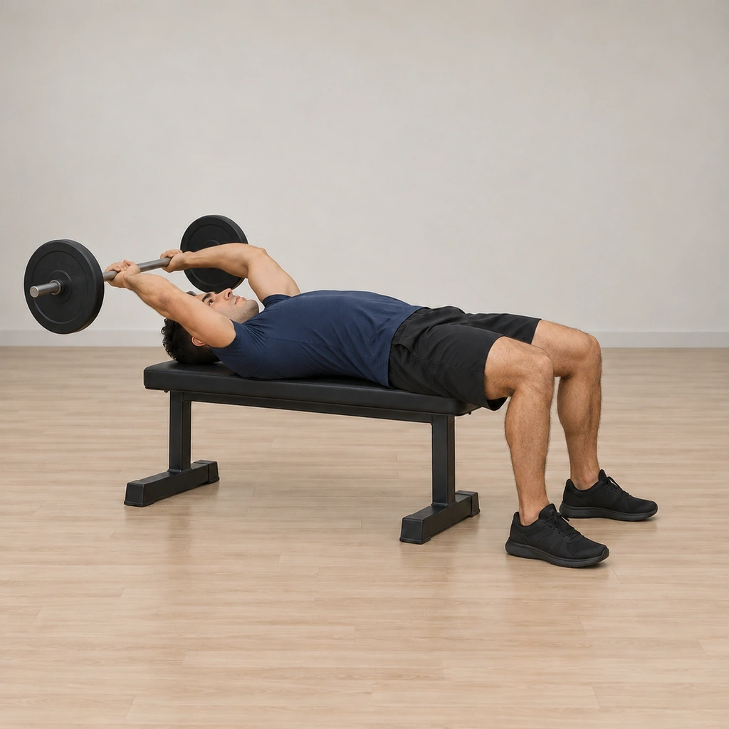 He holds the barbell at the deepest point behind his head, elbows still bent, lats and chest opened at the stretch.