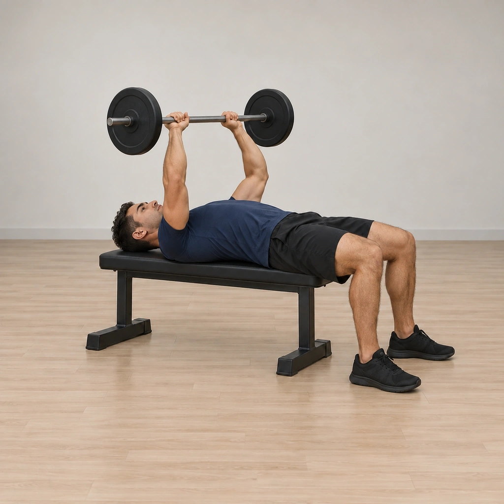 He pulls the barbell back along the same arc over his head to the start above his chest, elbows still bent at the same angle.