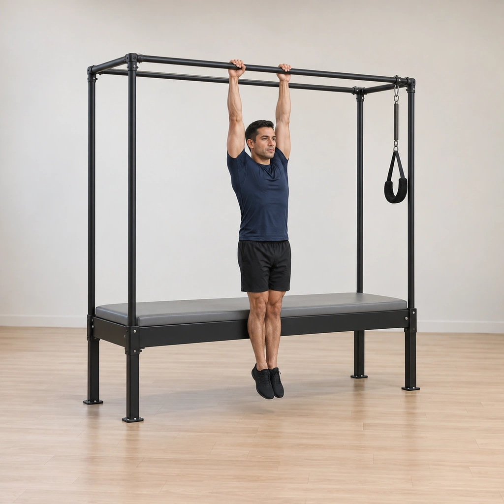 He hangs from the cadillac top bar, hands shoulder-width, arms straight and connected to his back, his legs hugged tight together reaching toward the floor.