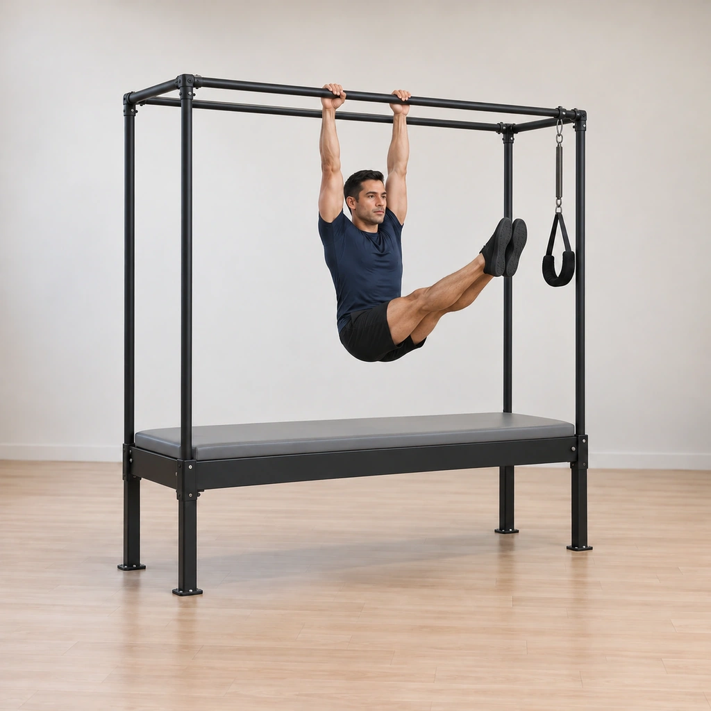 His paired legs sweep forward and up in front of his hanging body, still hugged tight together, his arms straight and connected on the bar.