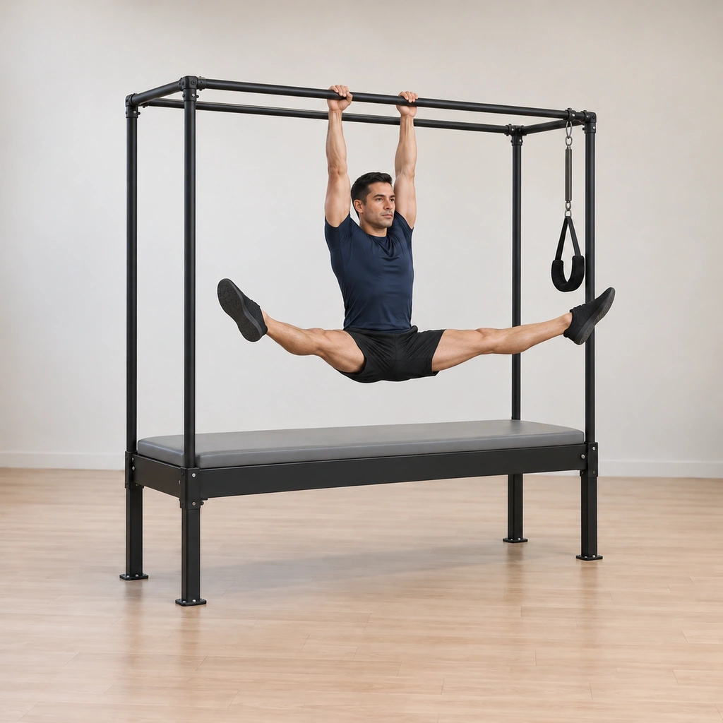 His legs open wide apart at the top of their sweep, the hang still connected through the straight arms, the open marking the circle's widest point.