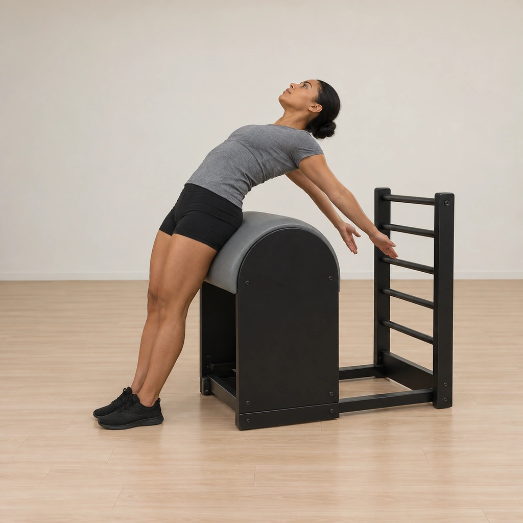 A woman stands with her back to the barrel, sacrum on the apex, beginning to round backward over it.