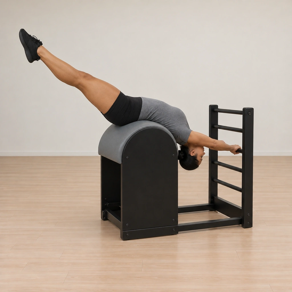 She is draped back over the barrel, arms reached into a rung, legs lifting free of the floor.