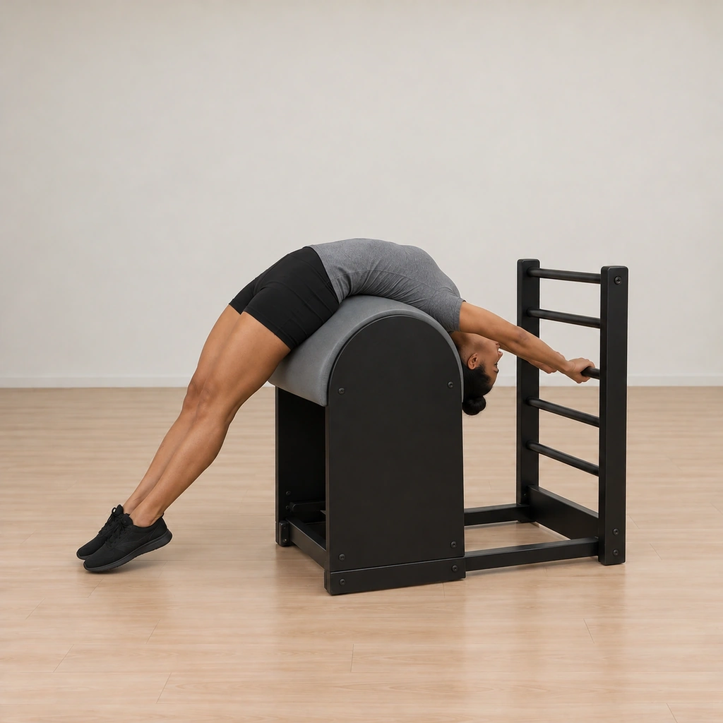 Her legs are reaching down toward the floor as she prepares to walk her hands up the rungs.