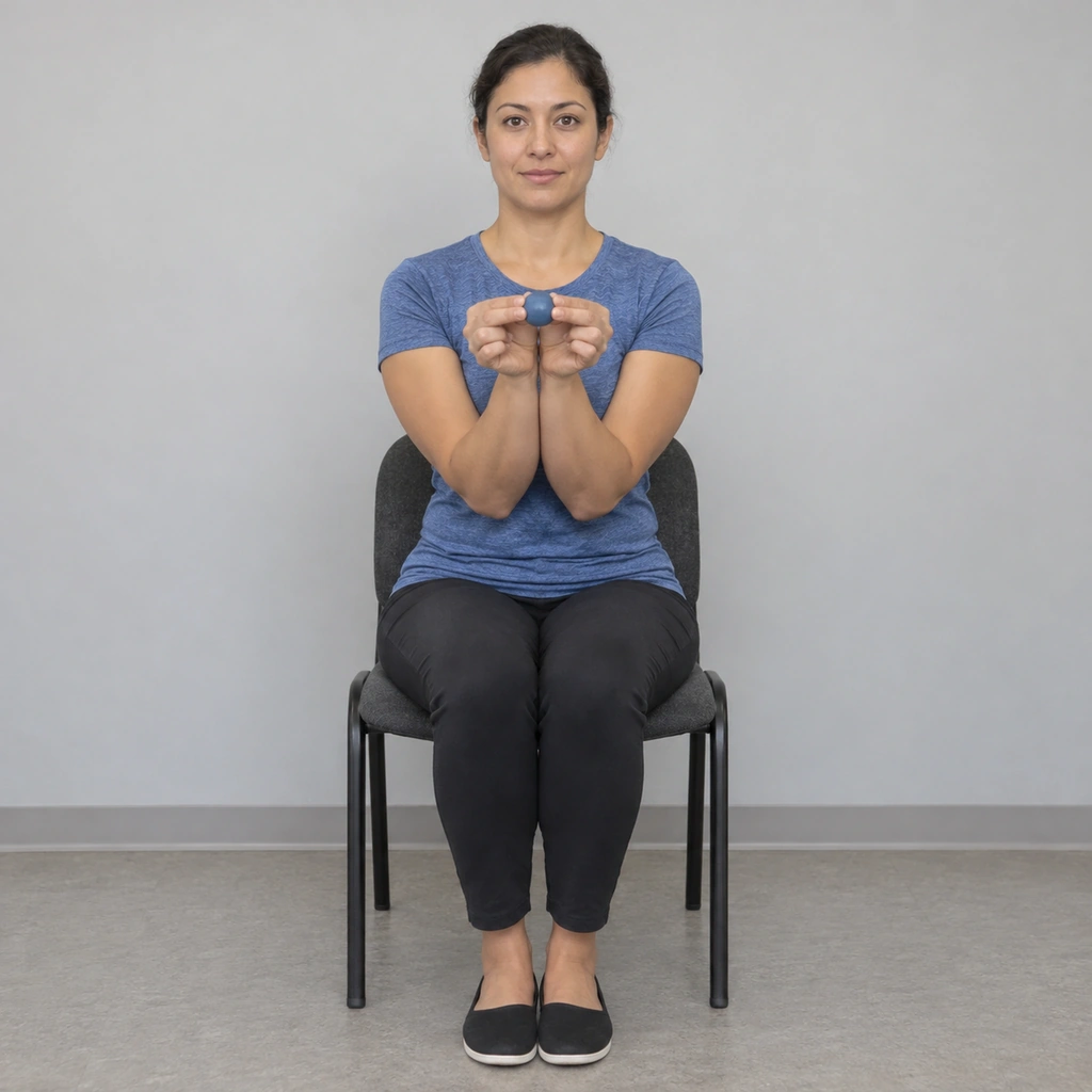 A woman seated with both forearms held together in front of her chest, a piece of putty gripped between the index and middle fingers of both hands, her wrists straight.