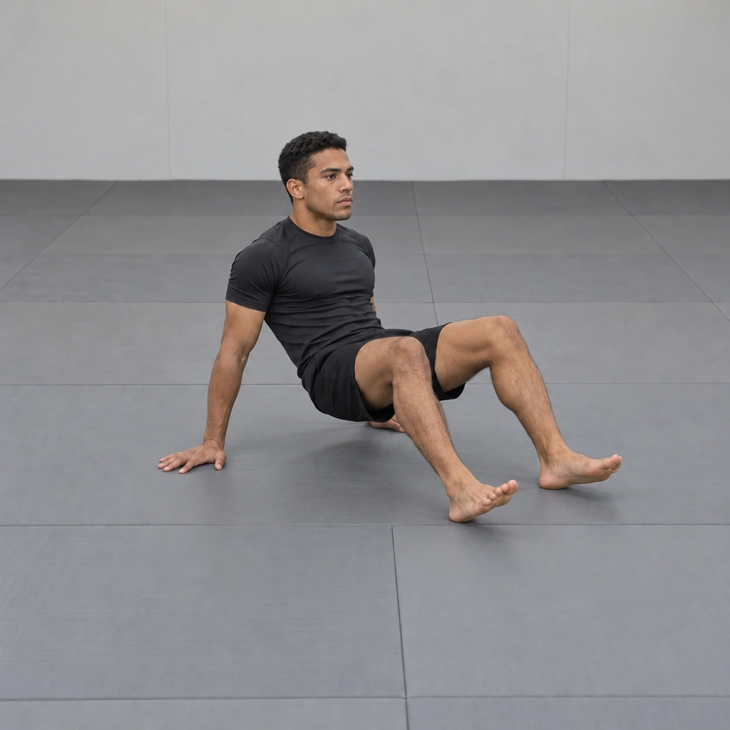 A man with his hips lifted off the mat, weight on his hands and heels, ready to scoot.