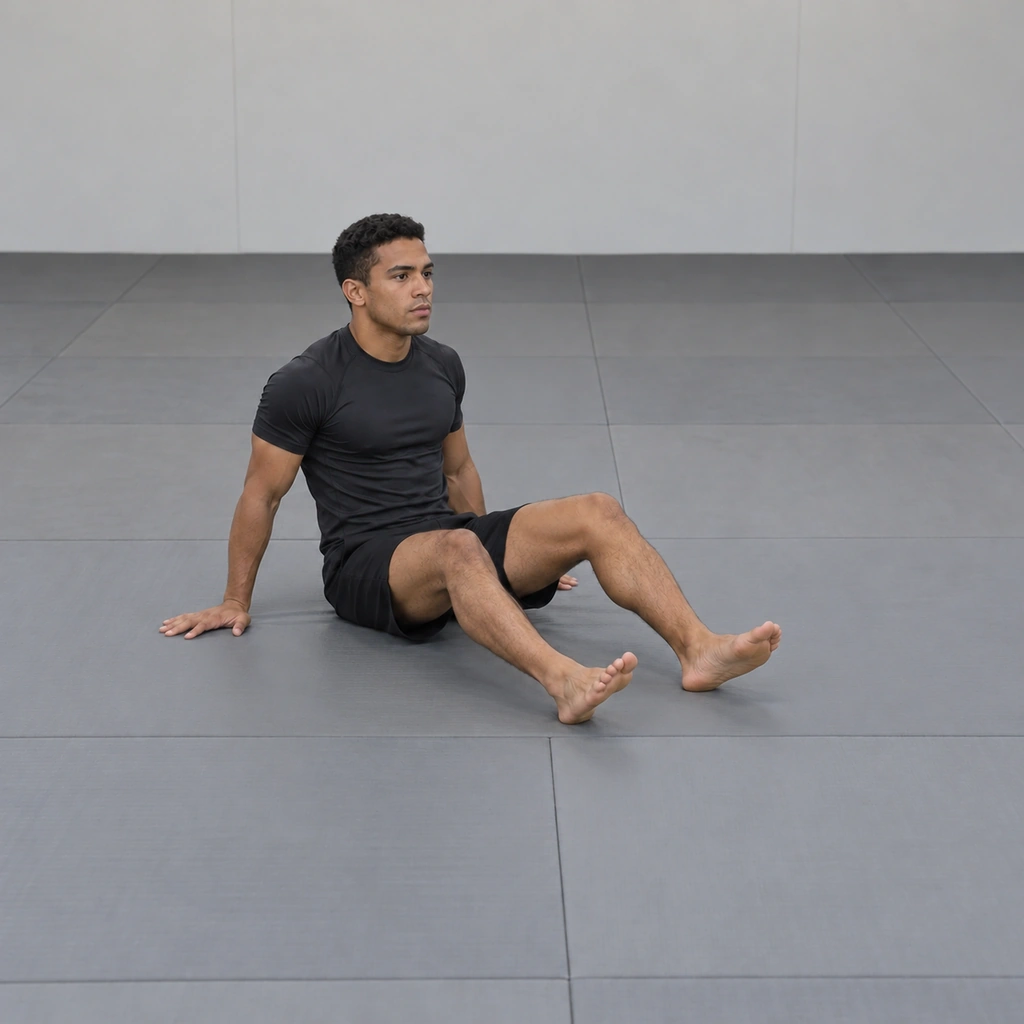 A man mid-scoot, hips carried back, legs kept active in front of him.