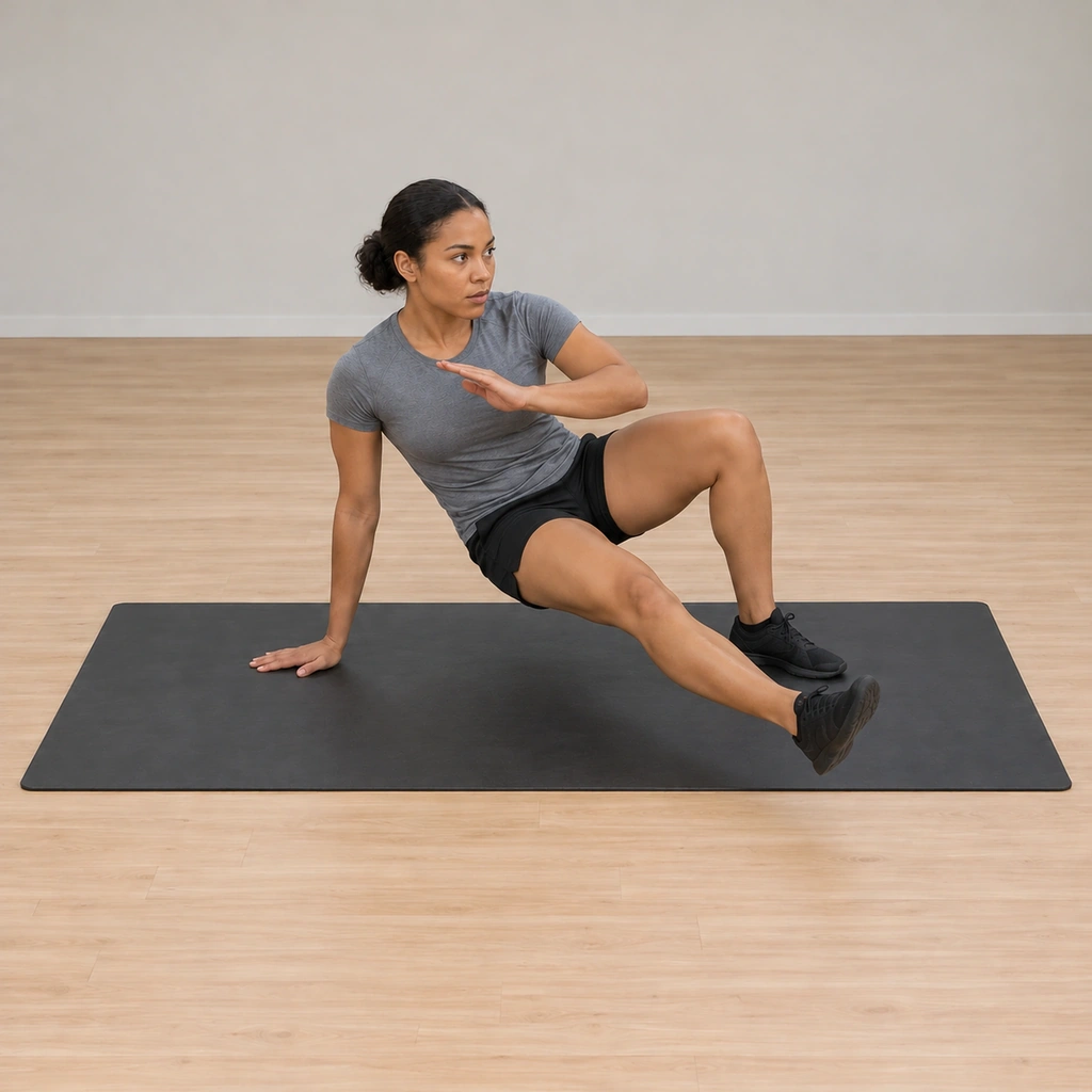 She has lifted her hips, weight borne on the posted hand and the planted foot of the bent leg, the extended leg hovering light ahead.