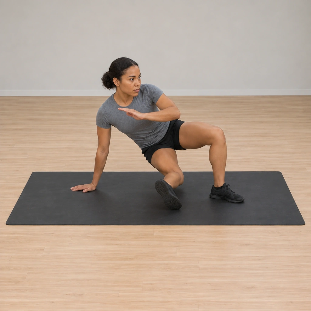 She swings the extended leg backward in a wide arc under her body, still supported by the post and planted foot, her head behind the frame arm.