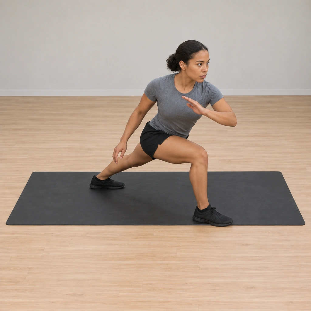 She has landed in a low staggered stance, legs wide and bladed, her framing arm still extended forward and her head behind it.