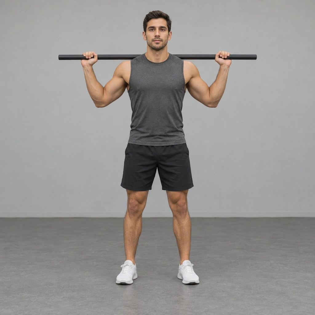 A man standing tall with a bar resting across his shoulders, feet shoulder-width apart.