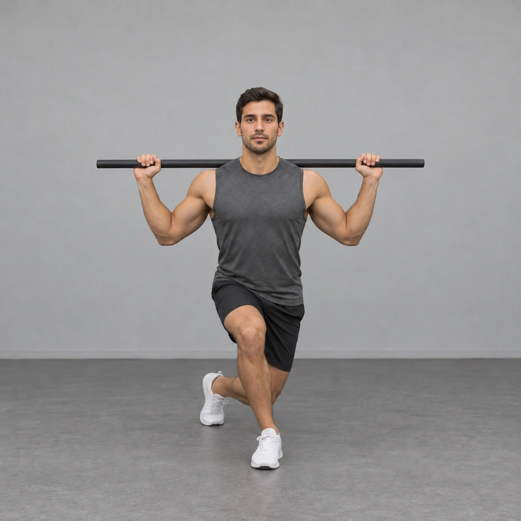 The same man, now lowered into a deep curtsy-like position, both knees bent and his trailing knee near the floor, the bar still across his shoulders.