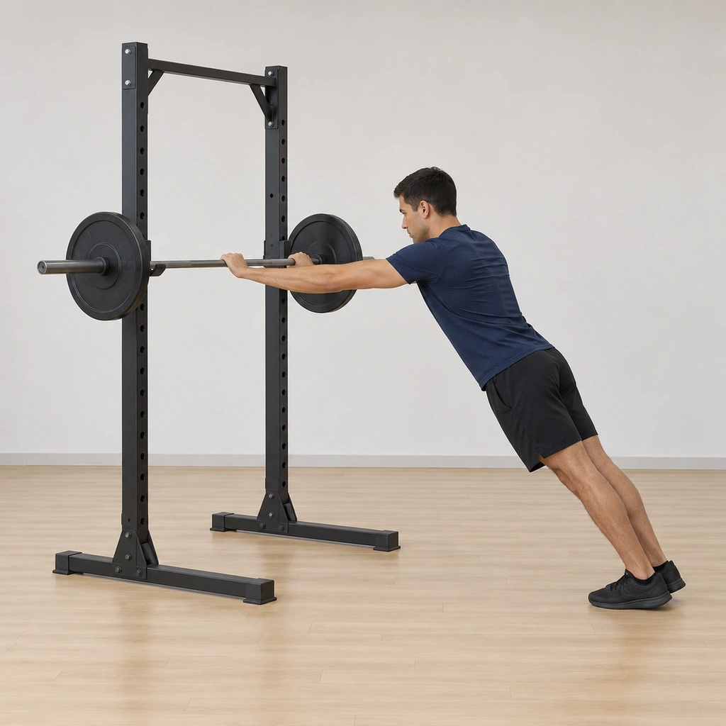 He grips the chest-height bar overhand, feet stepped back together, body leaning into the bar as a rigid plank line from heels to head, arms straight.