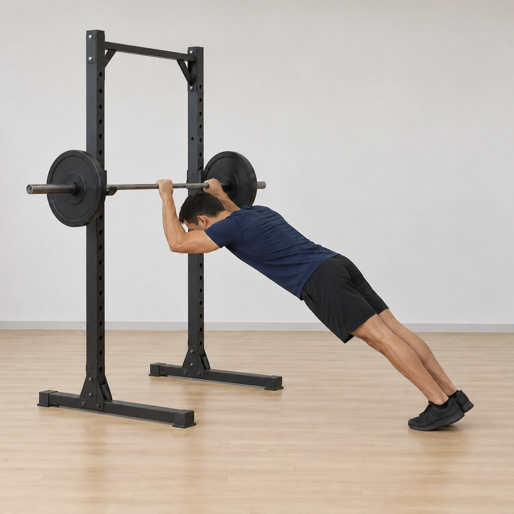 His elbows are flexing forward as his head lowers beneath the bar level, body still rigid, feet together, weight staying on his toes.