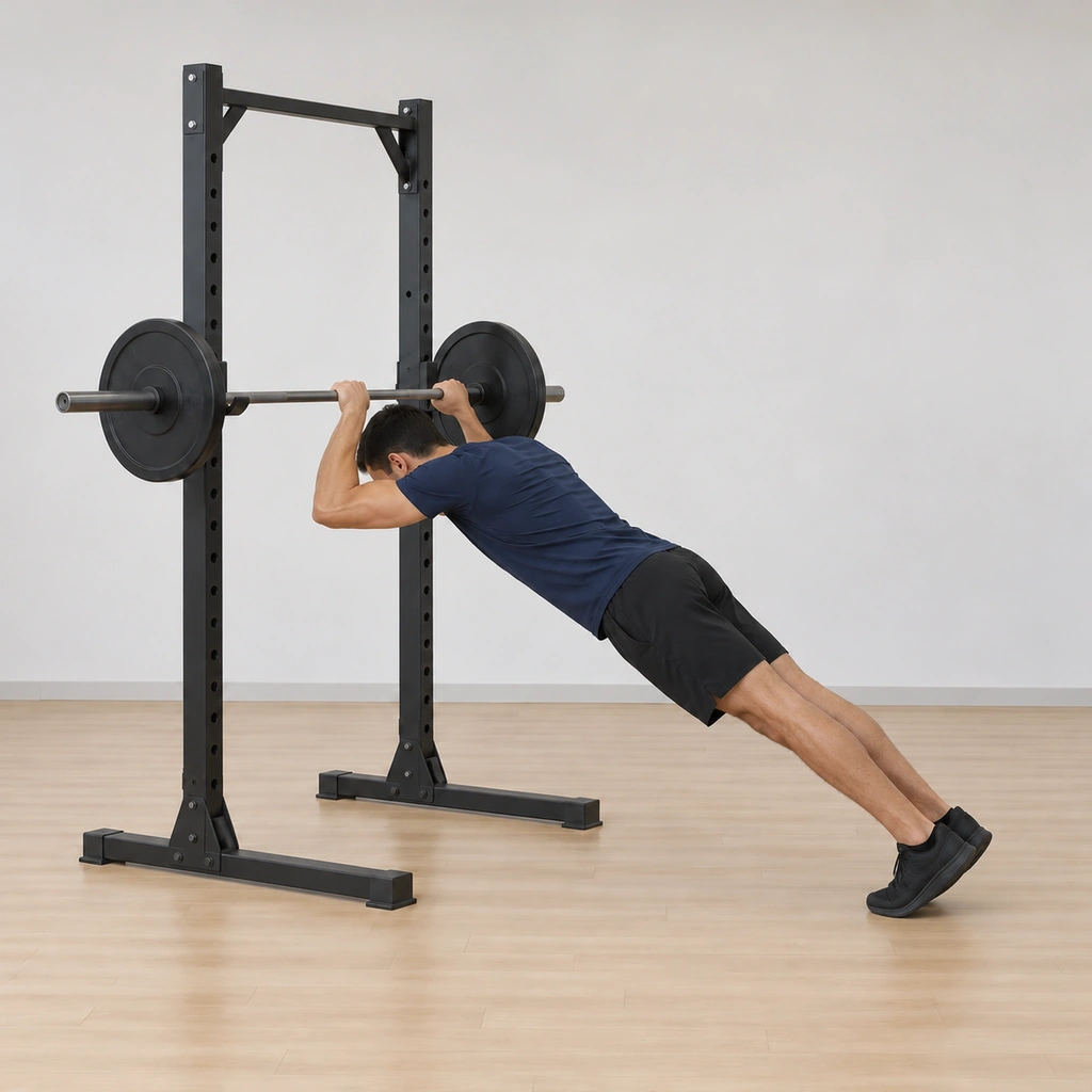 His head has passed beneath the bar, elbows fully flexed with forearms under the bar, body still a rigid diagonal line, elbows pointing forward.