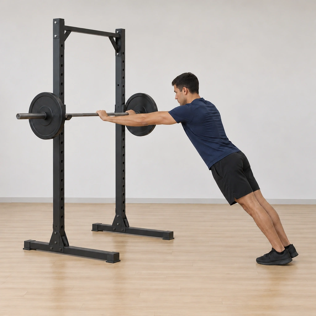 His elbows are extending forcefully, pressing his rigid body back up toward the starting lean, head rising past the bar level.