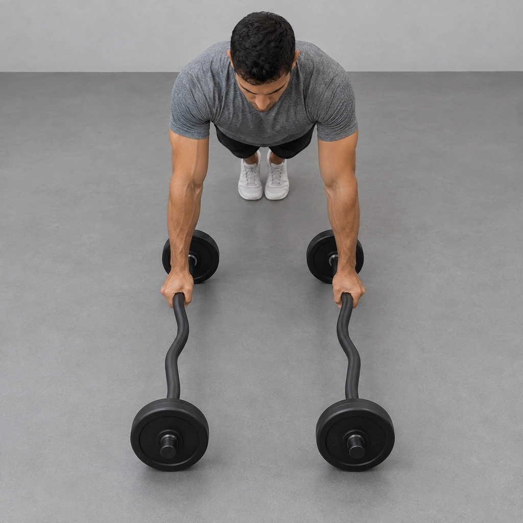 A man in a straight-arm push-up plank, each hand gripping an equally loaded rolling EZ shaft beneath its shoulder; four round plate rims and both forefeet contact the floor.