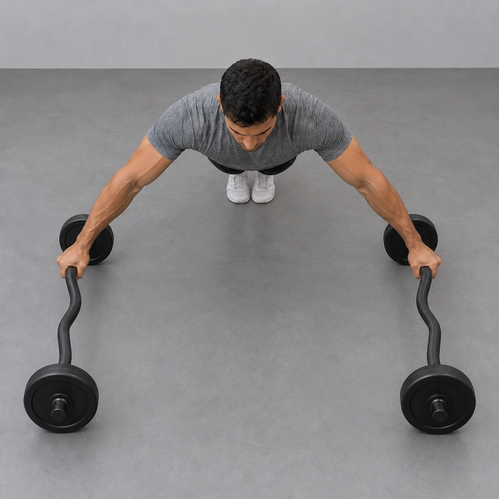 The same man with straight arms spread laterally on the rolling EZ bars, front body lower while his body stays straight; four plate rims and both forefeet remain on the floor.