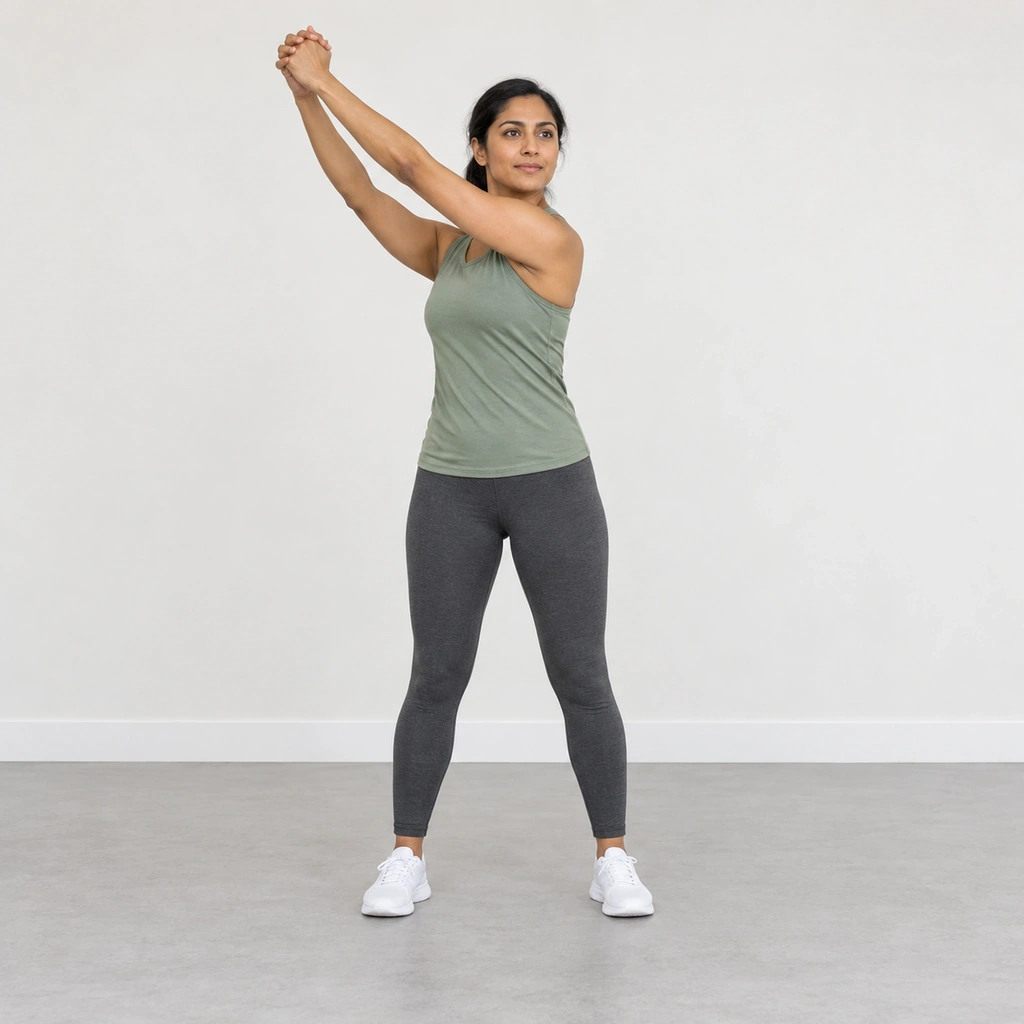 A woman standing with her feet shoulder width apart, her clasped hands raised above her head toward her right and her torso turned slightly right.