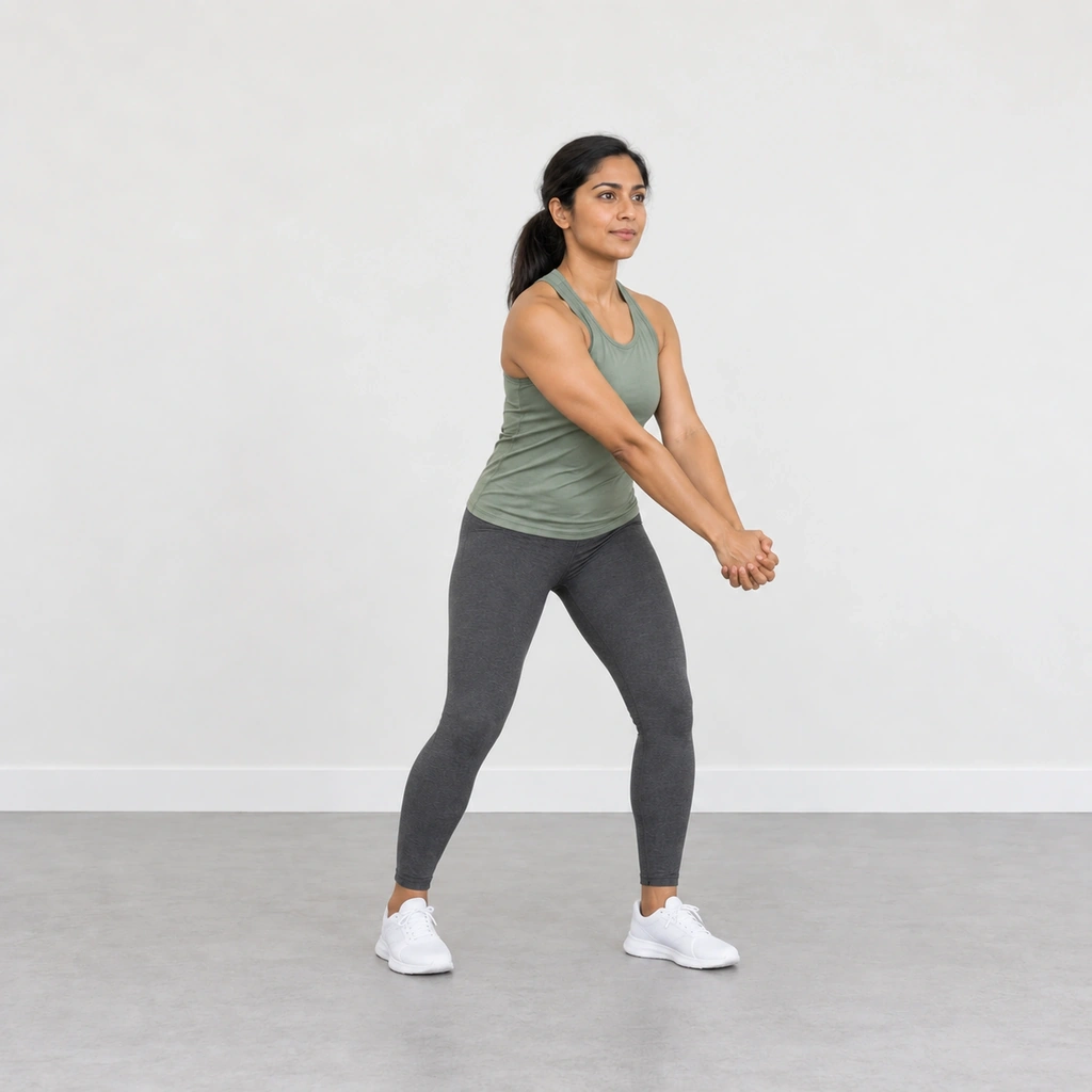 The same woman with her clasped hands swung down across her body to in front of her left knee, her torso turned to the left, her knees slightly bent and her feet pivoted.