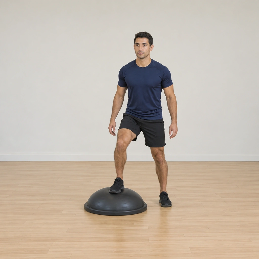 He stands beside the dome with his right foot placed on the convex top and his left foot on the floor beside it: knees soft, trunk tall, arms loose and ready.