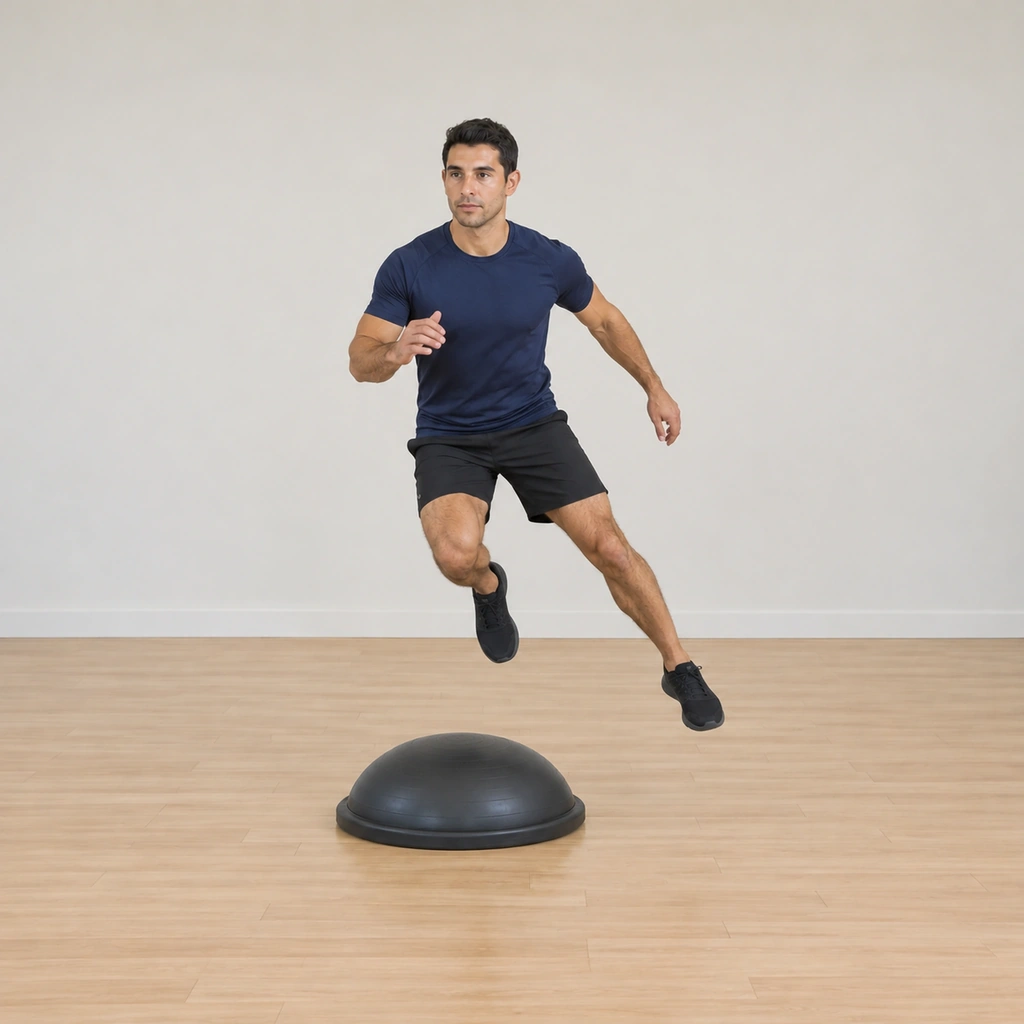 He is airborne over the dome travelling laterally: the right foot lifting off the dome as the left leg drives the bound; his legs are mid-switch in flight and his arms swing with the skating stride.