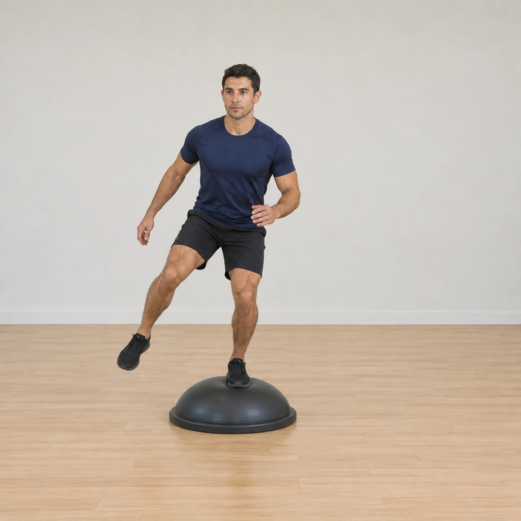 He lands softly on the dome on his left foot: knee flexed absorbing the lateral landing, his right foot now off the dome heading to the floor on the far side; his trunk rides tall.