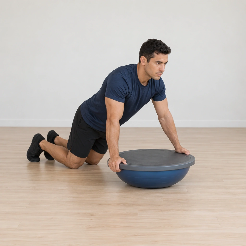 He kneels at the dome trainer flipped dome-side down, the flat grey platform facing up, both hands gripping its outer edges.
