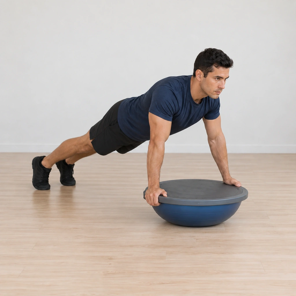 He is in a push-up plank, toes back, both hands gripping the platform edges, the platform held level and steady.