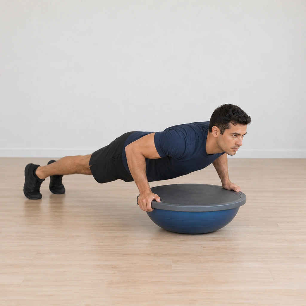 He is mid-descent in the push-up, elbows bending, the platform still held level under his hands.