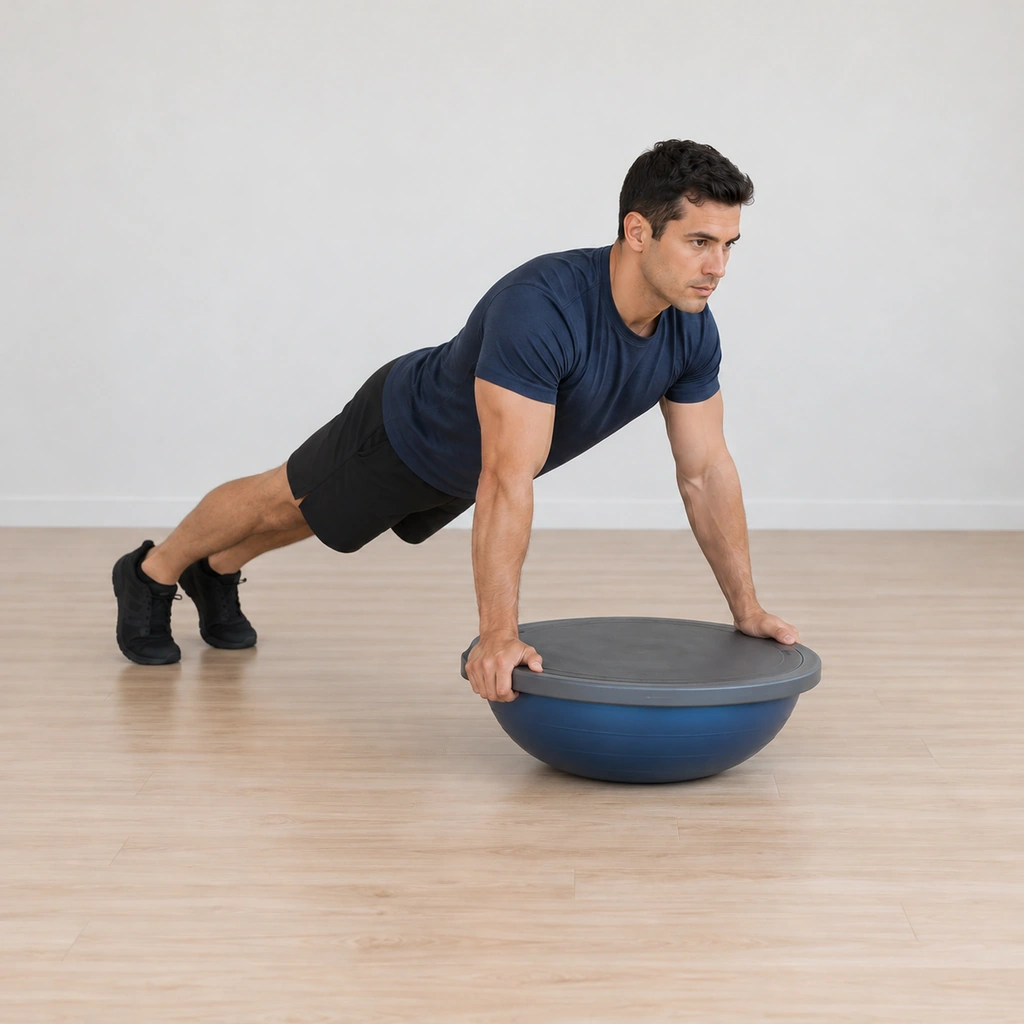 He has pressed back to the top of the push-up, arms extended, the platform still held level on the dome beneath.