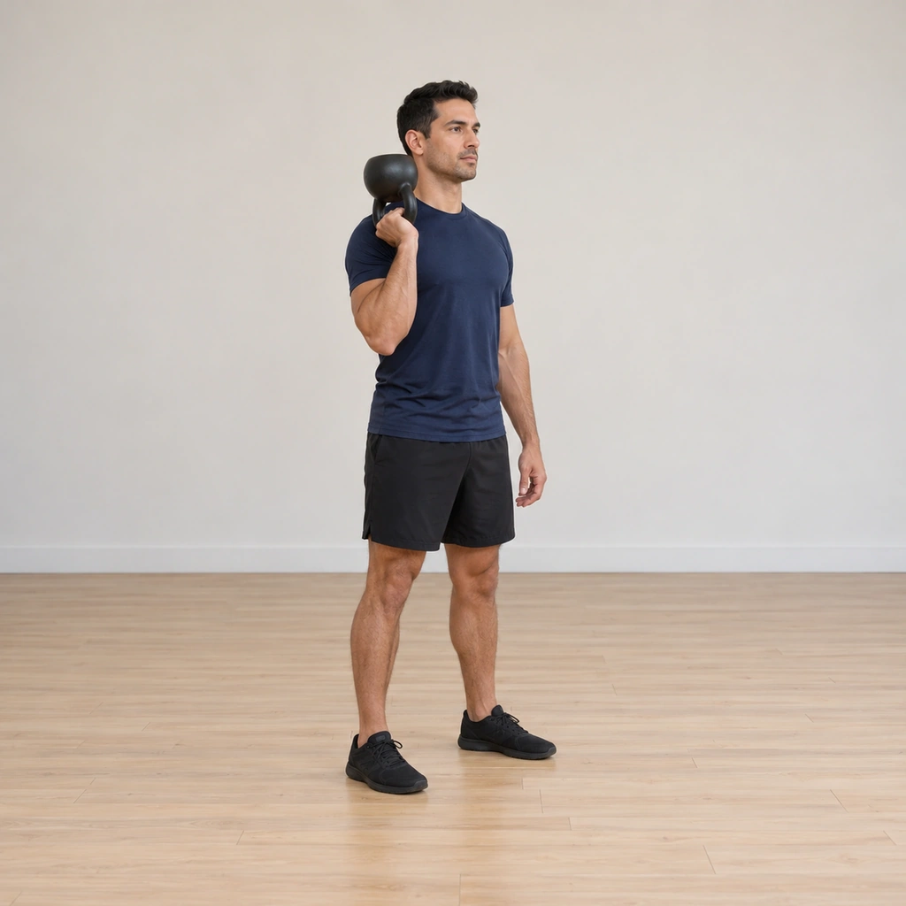 He stands tall with feet under his hips: the right hand grips the kettlebell handle so the bell hangs upside down at his right shoulder with its bottom pointing to the ceiling, his left hand held clear at his side.