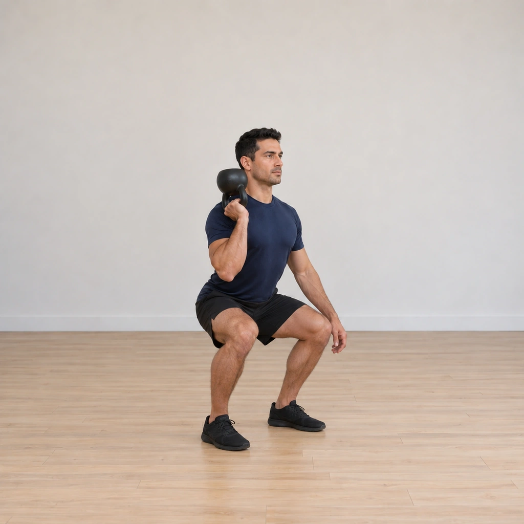 He descends into the squat, hips sinking back and down, knees bending over his feet: the inverted kettlebell stays balanced at his right shoulder, its bottom still pointing up, his trunk held tall against the unstable load.
