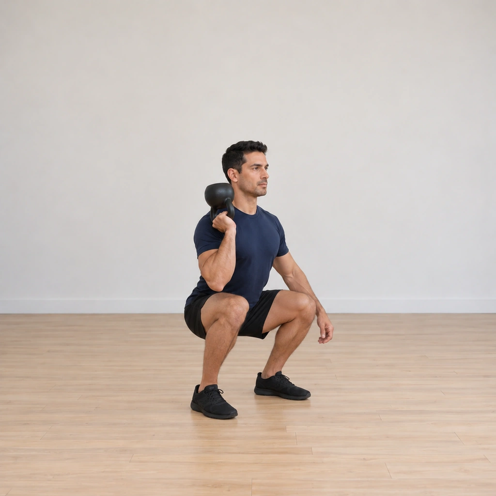 He sits at the bottom of a full squat: hips dropped deep below the knees, feet flat and tracking, trunk upright, the inverted kettlebell still balanced at his right shoulder with its bottom to the ceiling.