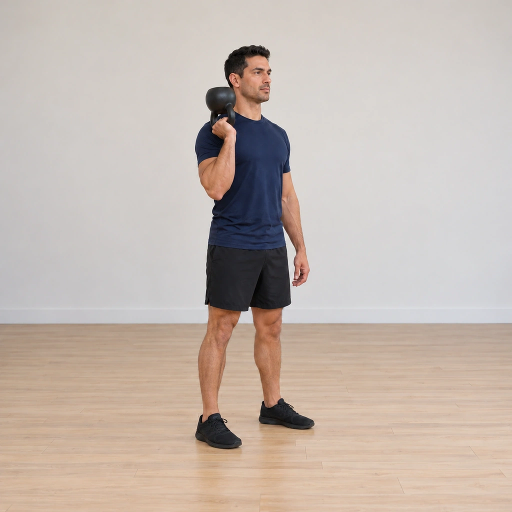 He drives up out of the full squat toward standing: legs extending under him, trunk still upright, the inverted kettlebell held balanced at his right shoulder the whole way.