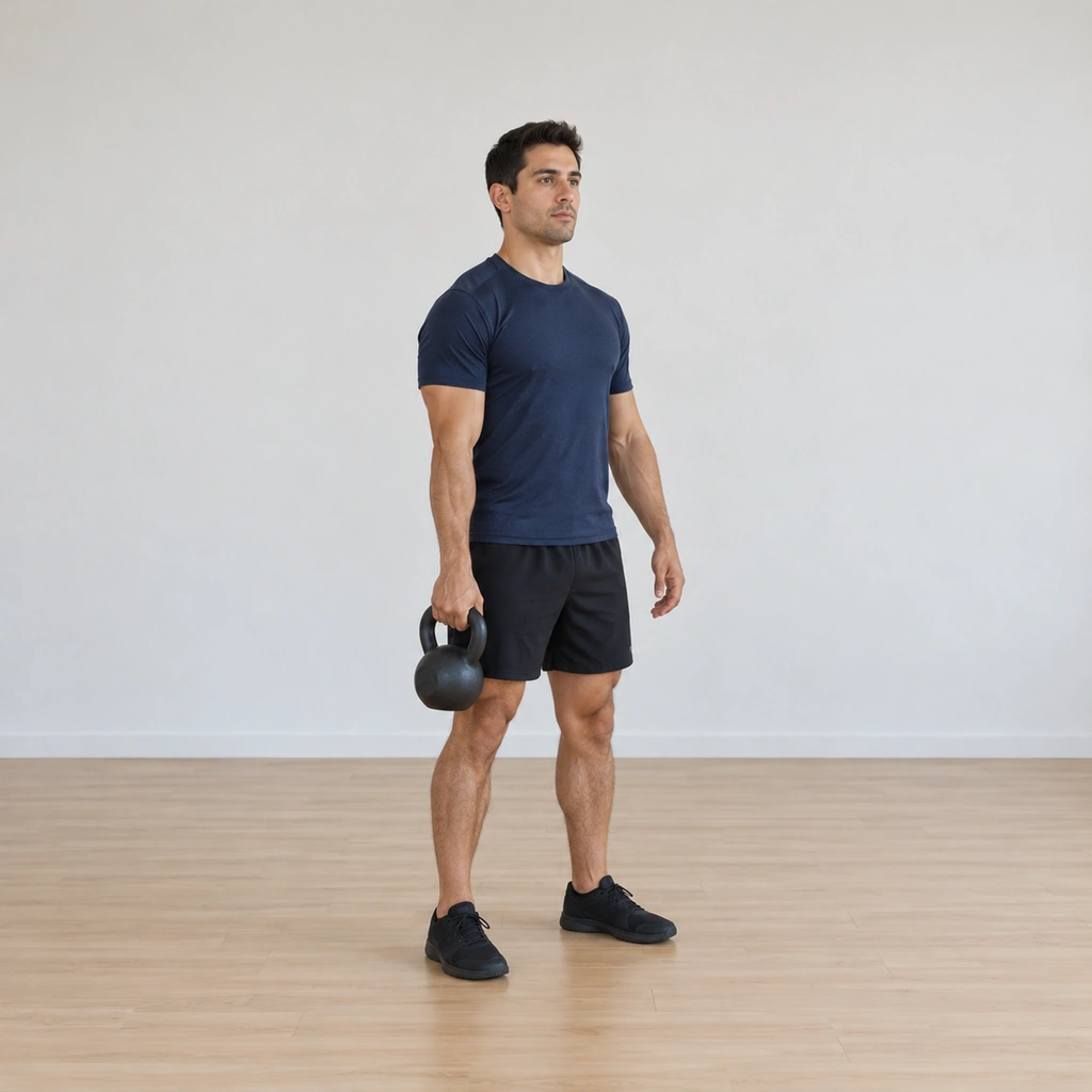 He stands upright, the kettlebell hanging in his right hand at his side, left arm relaxed, ready for the swing.