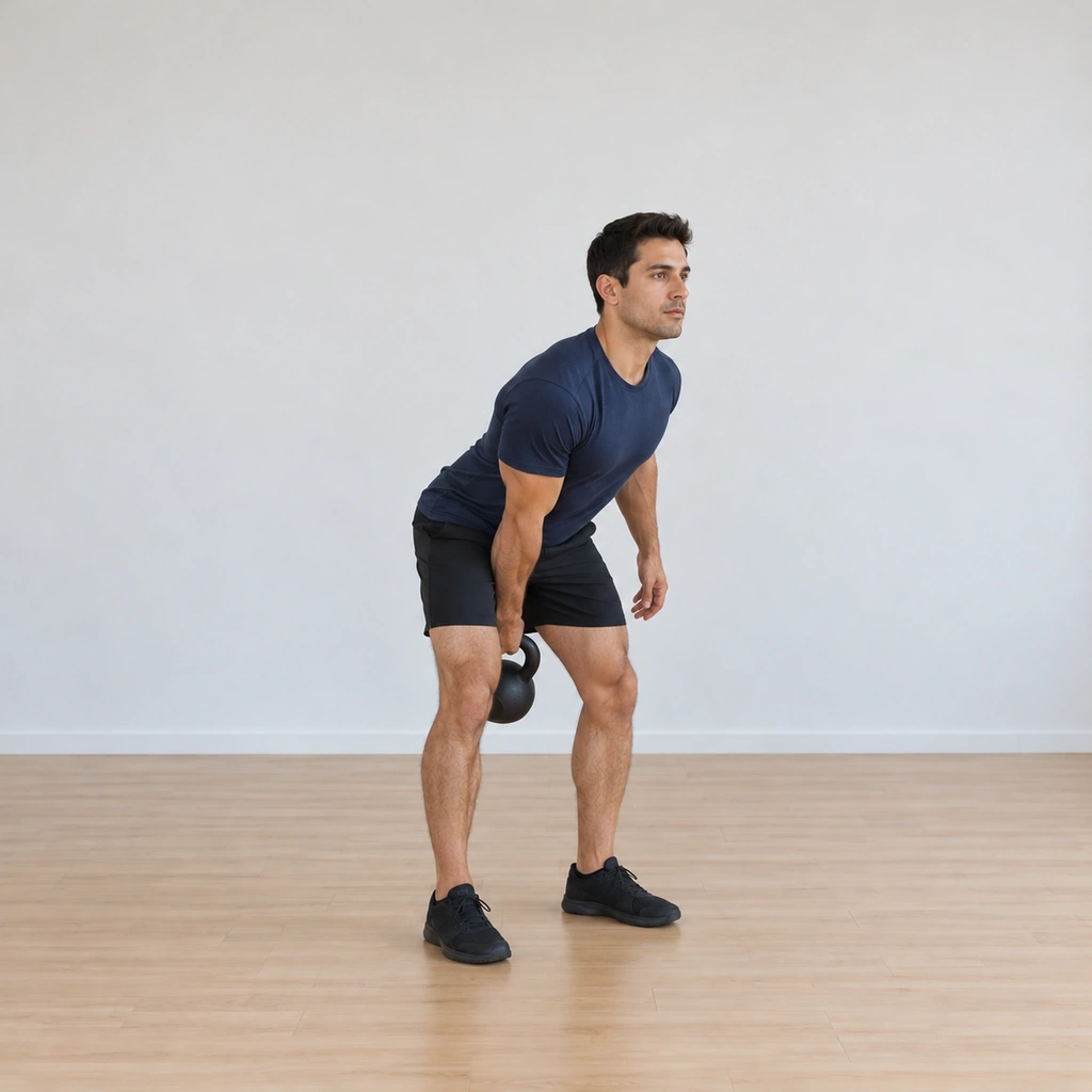 He hinges slightly, swinging the kettlebell forcefully back between his legs, right arm extended through the swing, body braced.