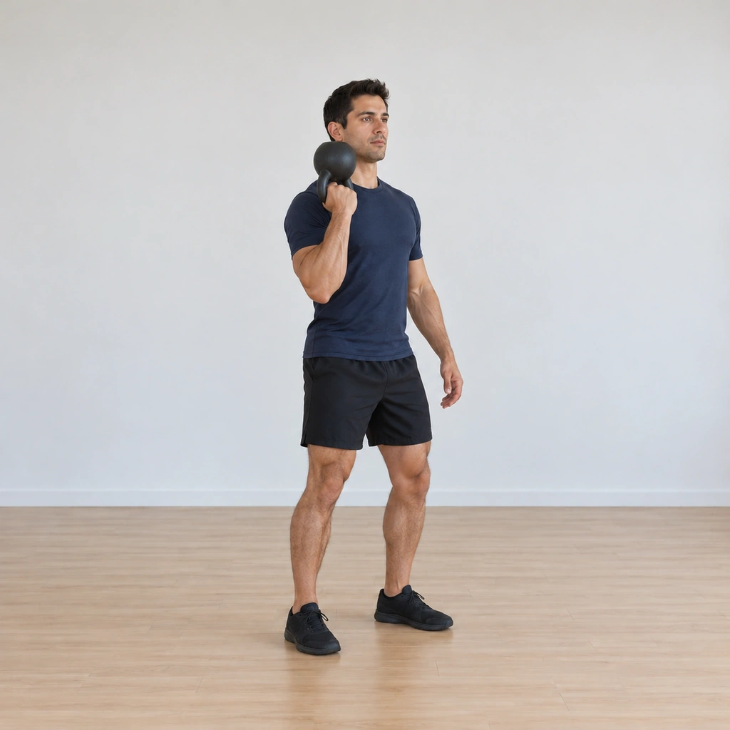 He reverses the swing forcefully, the kettlebell flipping up so it lands held bottoms-up at his right shoulder - bell above the handle, grip crushed, elbow under the bell.