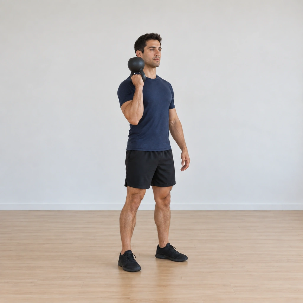 He stands holding the kettlebell bottoms-up at his right shoulder, bell balanced above the handle, grip crushed tight, settled before the next rep.