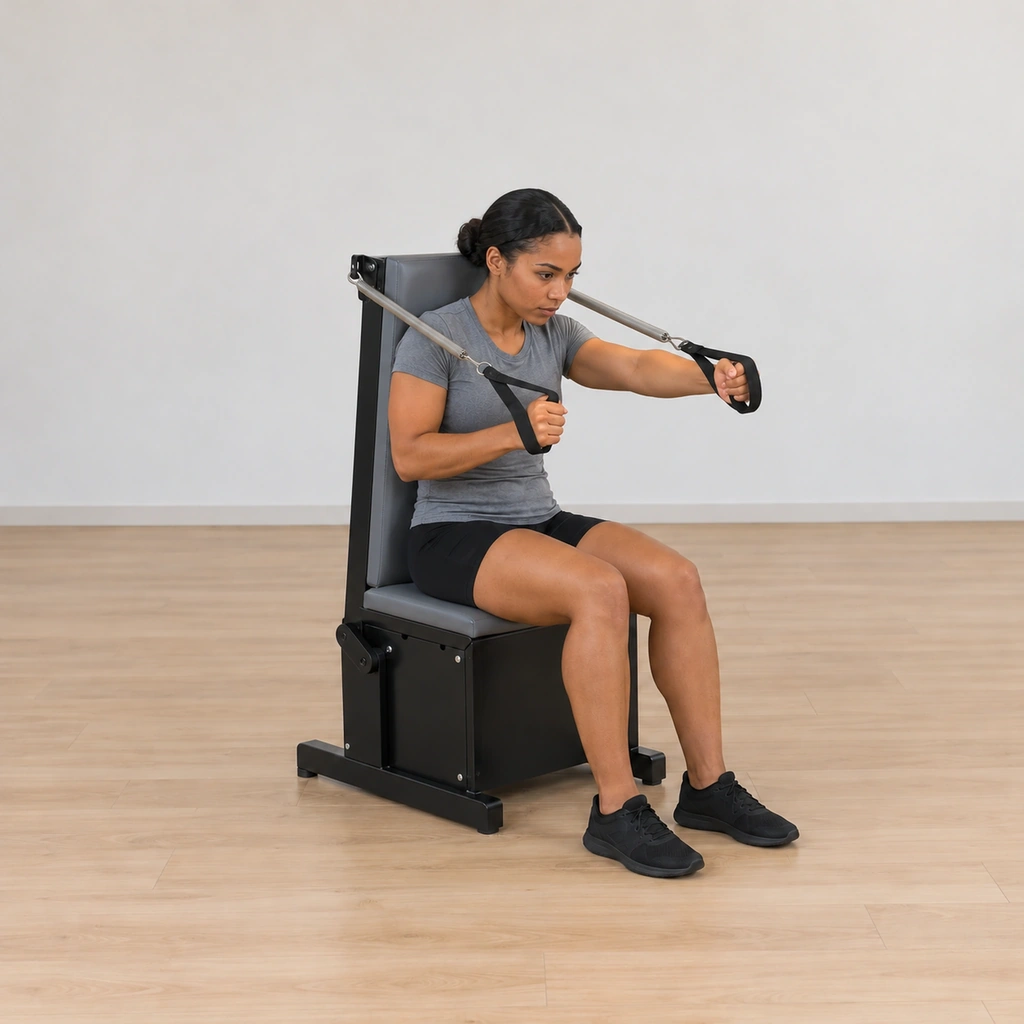 She rounds her spine forward off the tall line while punching alternately in front of her centre, the springs flexing with the chair movement.