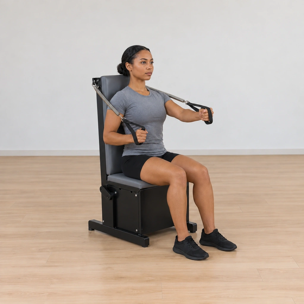 She rolls her spine back up tall while still punching in front of her centre, arriving upright against the chair.